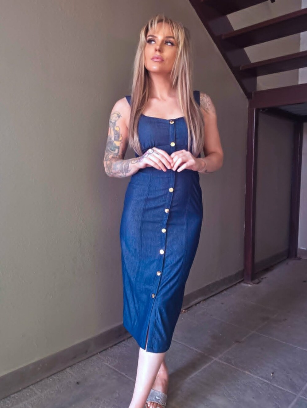 Denim Midi Dress With Button Front Detail